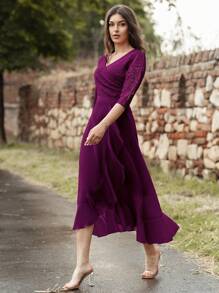 MIUSOL V Neck Floral Lace Ruffle Trim Evening Party Long Prom Dress - Maroon - View 9