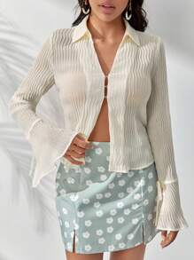 Soleia Solid Flare Sleeve Button Front Shirt - Beige - View 4