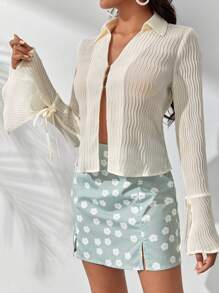 Soleia Solid Flare Sleeve Button Front Shirt - Beige - View 1