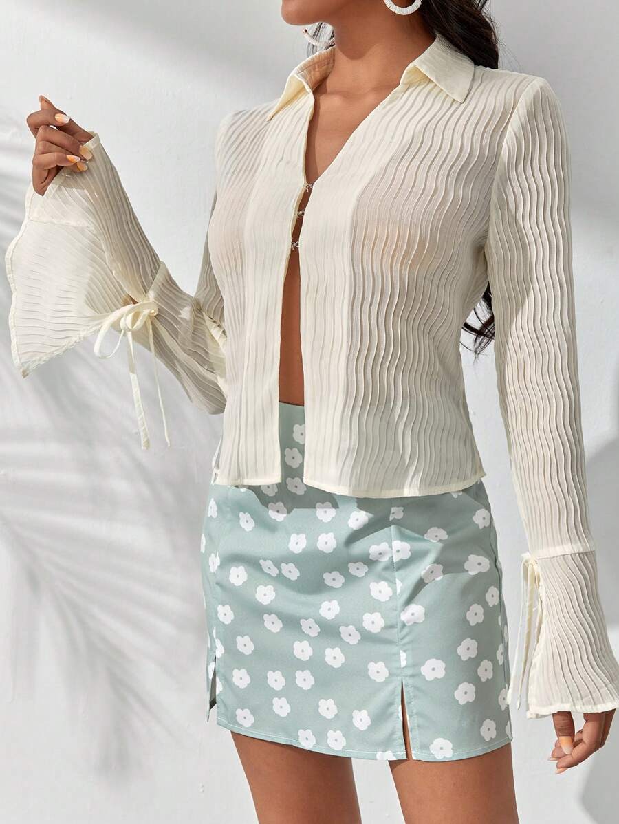Soleia Solid Flare Sleeve Button Front Shirt - Beige - View 1