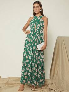 SHEIN Belle 滿版印花繞頸雪紡連衣裙 - 彩色 - 查看 3