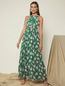 SHEIN Belle 滿版印花繞頸雪紡連衣裙 - 彩色 - 查看 5