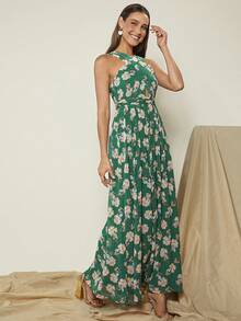 SHEIN Belle 滿版印花繞頸雪紡連衣裙 - 彩色 - 查看 7