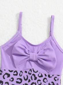 女嬰豹紋印花前蝴蝶結荷葉邊連體泳衣 - 紫色 - 查看 3