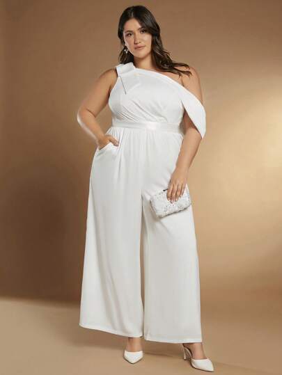 SHEIN Belle Plus Asymmetrical Neck Wide Leg Jumpsuit