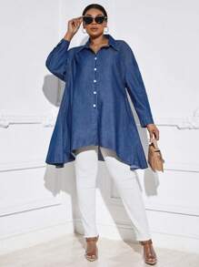 SHEIN SXY Plus Drop Shoulder High Low Hem Denim Blouse - Medium Wash - View 1