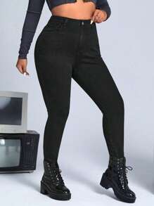 SHEIN ICON Plus Slant Pocket Skinny Jeans - Black - View 4