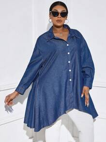 SHEIN SXY Plus Drop Shoulder High Low Hem Denim Blouse - Medium Wash - View 5