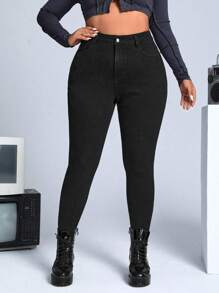 SHEIN ICON Plus Slant Pocket Skinny Jeans - Black - View 3