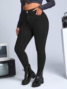 SHEIN ICON Plus Slant Pocket Skinny Jeans - Black - View 1