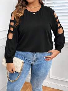 SHEIN LUNE Plus Cut Out Raglan Sleeve Sweatshirt - Black - View 4
