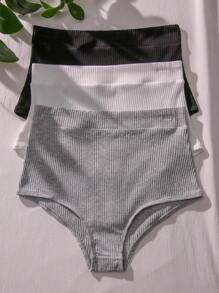 SHEIN Women's High Waisted Casual Ribbed Knitted Fabric Briefs Multicolor Plain Underwear Slight Stretch - Multicolor - View 1