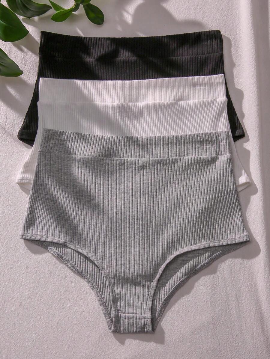 SHEIN Women's High Waisted Casual Ribbed Knitted Fabric Briefs Multicolor Plain Underwear Slight Stretch - Multicolor - View 1