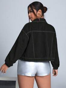 SHEIN ICON 大碼翻蓋口袋頂針落肩袖牛仔夾克 - 黑色 - 查看 2