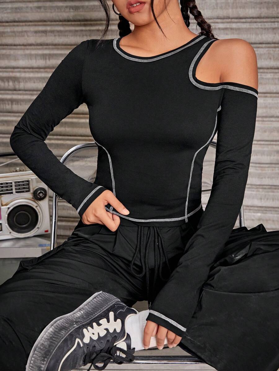 SHEIN EZwear Top-stitching Cut Out Tee - Black - View 1