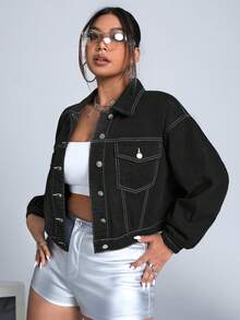 SHEIN ICON 大碼翻蓋口袋頂針落肩袖牛仔夾克 - 黑色 - 查看 5