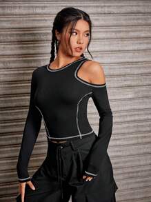 SHEIN EZwear Top-stitching Cut Out Tee - Black - View 3