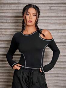 SHEIN EZwear Top-stitching Cut Out Tee - Black - View 4