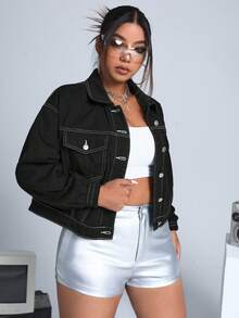 SHEIN ICON 大碼翻蓋口袋頂針落肩袖牛仔夾克 - 黑色 - 查看 6