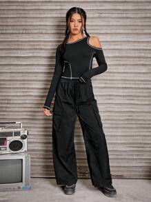 SHEIN EZwear Top-stitching Cut Out Tee - Black - View 5