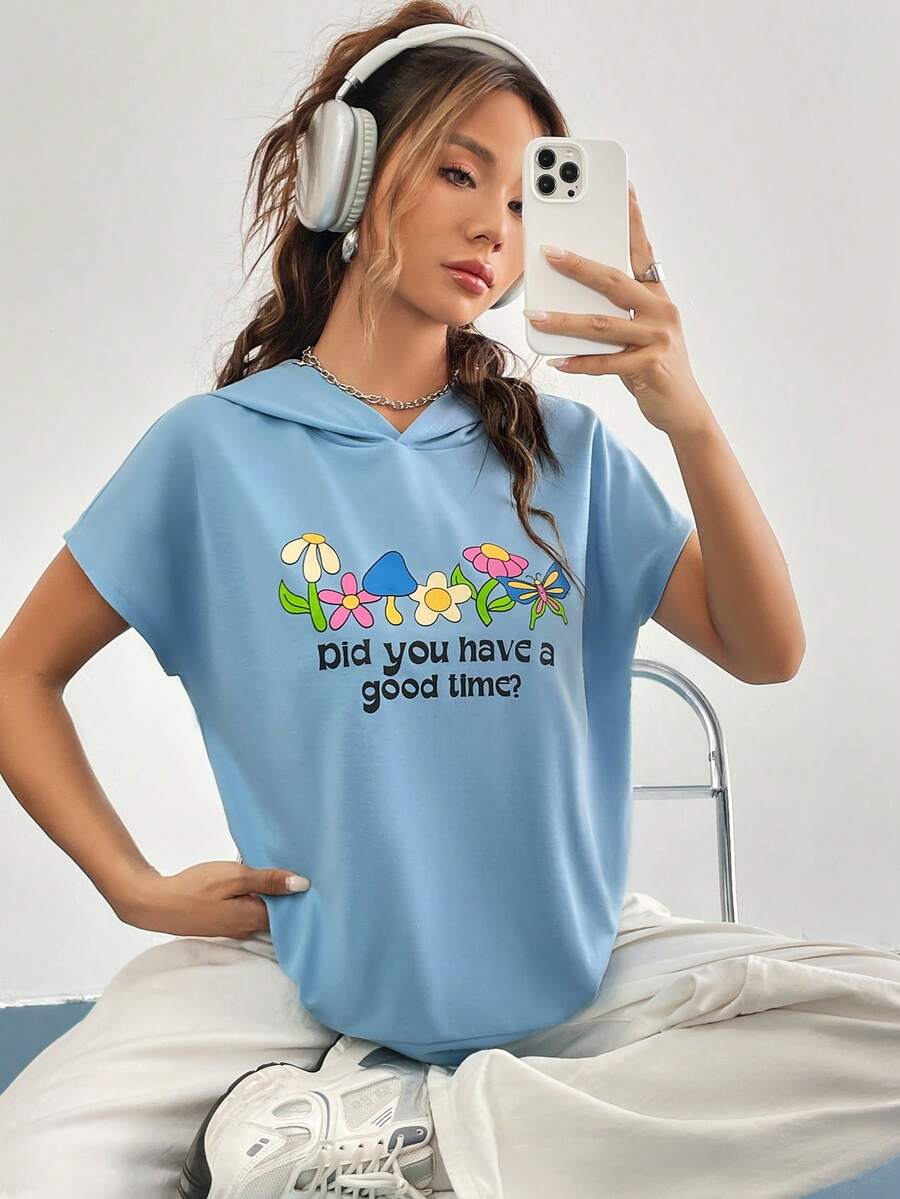 SHEIN Qutie Đồ họa hoa & khẩu hiệu tay cánh Hoodie - Màu xanh lam - Xem 1
