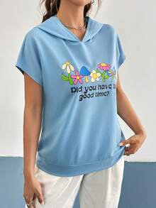 SHEIN Qutie Đồ họa hoa & khẩu hiệu tay cánh Hoodie - Màu xanh lam - Xem 3