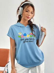 SHEIN Qutie Đồ họa hoa & khẩu hiệu tay cánh Hoodie - Màu xanh lam - Xem 4