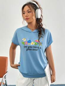 SHEIN Qutie Đồ họa hoa & khẩu hiệu tay cánh Hoodie - Màu xanh lam - Xem 5