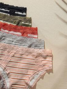 SHEIN 5 piezas Bragas con estampado de rayas ribete con encaje - Multicolor - Ver 4