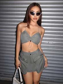 SHEIN ICON Zipper Pocket Side Skirt - Grey - View 3