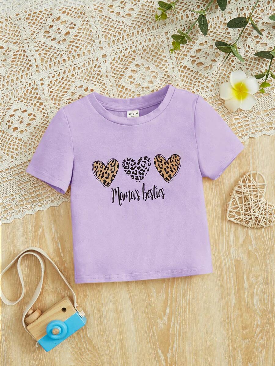 SHEIN 女嬰愛心和字母圖案T恤 - 紫丁香色 - 查看 1