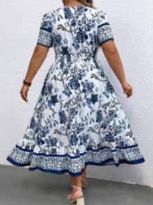 大碼印花荷葉邊連衣裙 - 藍色 - 查看 2