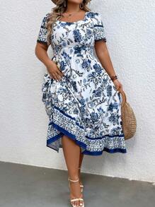 大碼印花荷葉邊連衣裙 - 藍色 - 查看 3