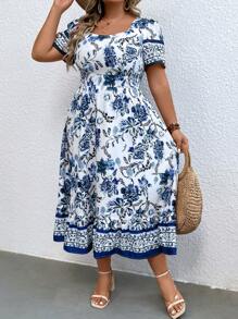 大碼印花荷葉邊連衣裙 - 藍色 - 查看 5