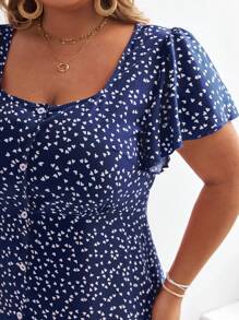 SHEIN Frenchy 大碼愛心圖案前紐扣連衣裙 - 寶藍色 - 查看 4