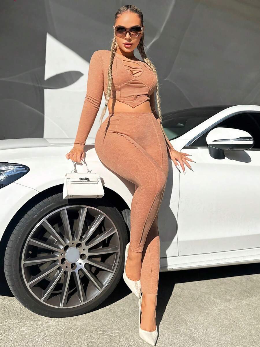 SHEIN SXY Solid Cut Out Front Crop Tee & Leggings - Orange - View 1