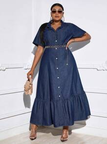 SHEIN SXY Hơn Nút phía trước Xù Hoa Sen Đầm Denim Không có thắt lưng - Rửa tối - Xem 1