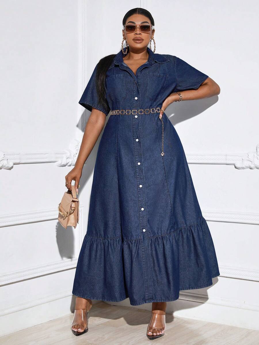 SHEIN SXY Hơn Nút phía trước Xù Hoa Sen Đầm Denim Không có thắt lưng - Rửa tối - Xem 1