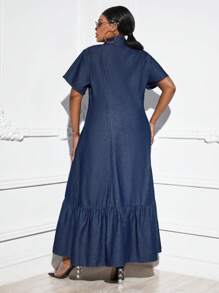 SHEIN SXY Hơn Nút phía trước Xù Hoa Sen Đầm Denim Không có thắt lưng - Rửa tối - Xem 2