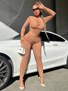 SHEIN SXY Solid Cut Out Front Crop Tee & Leggings - Orange - View 3