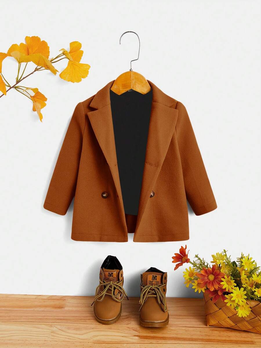 SHEIN Baby Girl 1pc Double Button Overcoat - Brown - View 1