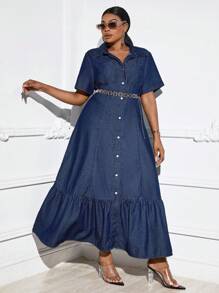 SHEIN SXY Hơn Nút phía trước Xù Hoa Sen Đầm Denim Không có thắt lưng - Rửa tối - Xem 5