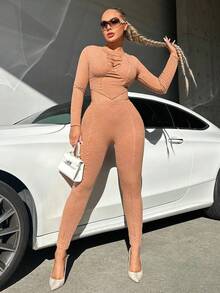 SHEIN SXY Solid Cut Out Front Crop Tee & Leggings - Orange - View 5