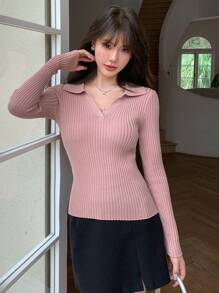 DAZY 女士纯色圆领长袖休闲商务毛衣，秋季，长袖上衣，秋季女装 - 粉色 - 查看 4