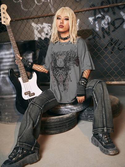 Grunge Punk Skull Print Drop Shoulder Tee