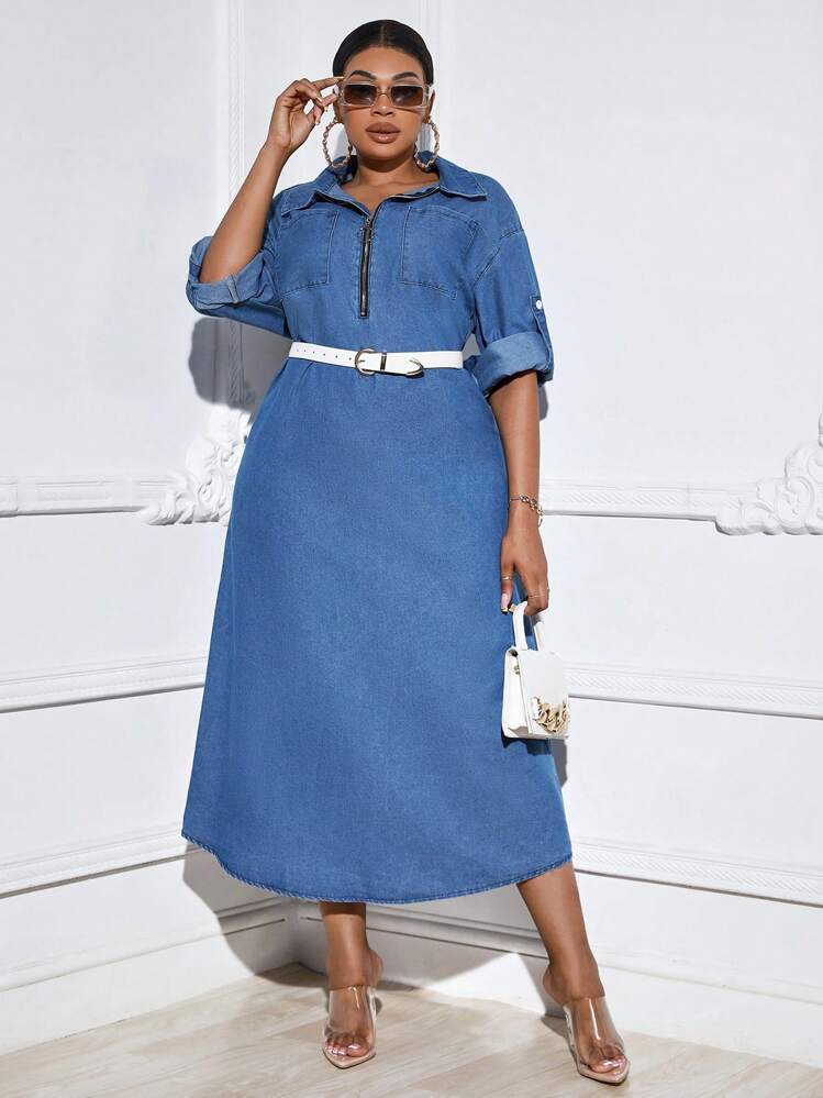 SHEIN SXY Plus Roll Tab Sleeve Half Zip Denim Dress Without Belt