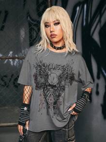 ROMWE Grunge Punk Camiseta de hombros caídos estampado de cráneo - Gris Oscuro - Ver 3
