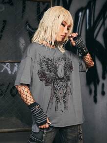 ROMWE Grunge Punk Camiseta de hombros caídos estampado de cráneo - Gris Oscuro - Ver 4