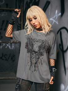 ROMWE Grunge Punk Camiseta de hombros caídos estampado de cráneo - Gris Oscuro - Ver 6
