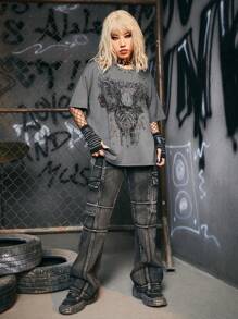 ROMWE Grunge Punk Camiseta de hombros caídos estampado de cráneo - Gris Oscuro - Ver 7